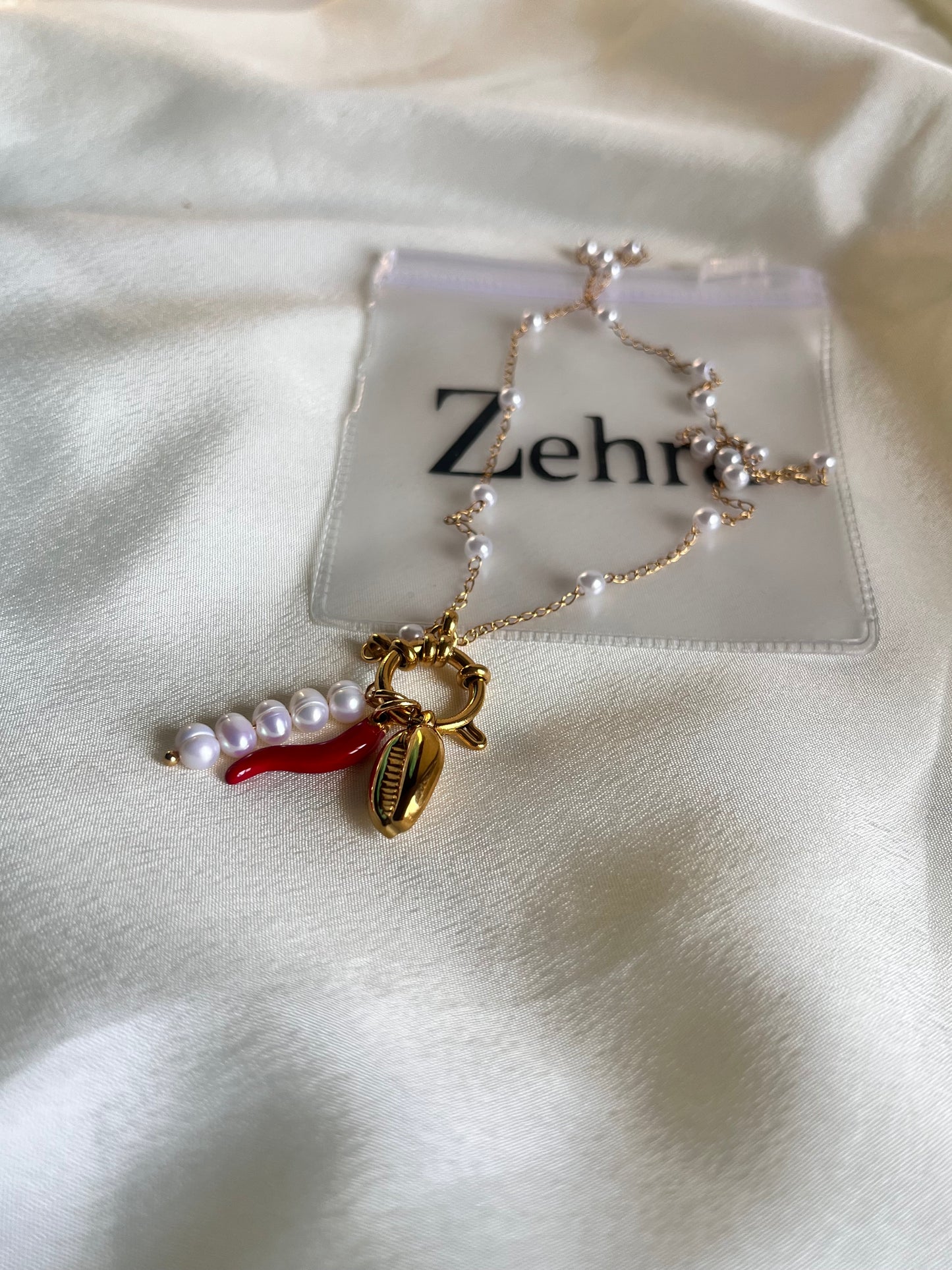 Pearl red chilli & shell necklace
