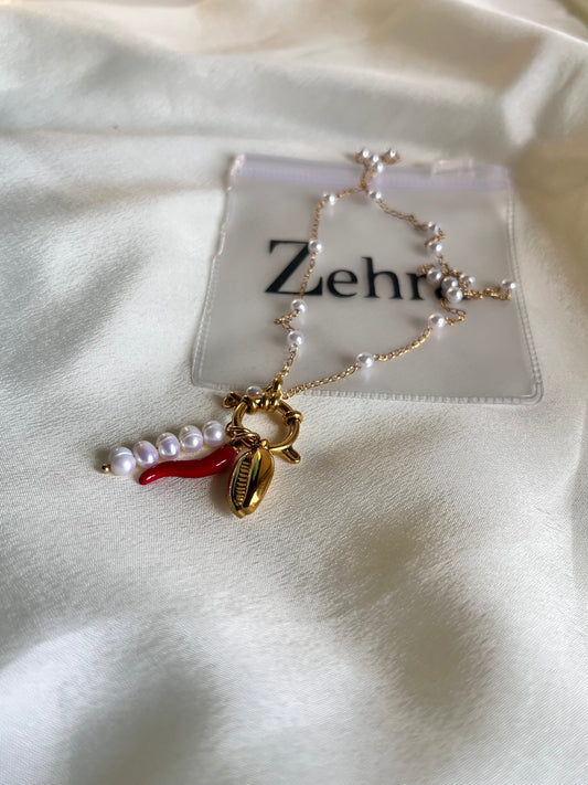 Pearl red chilli & shell necklace